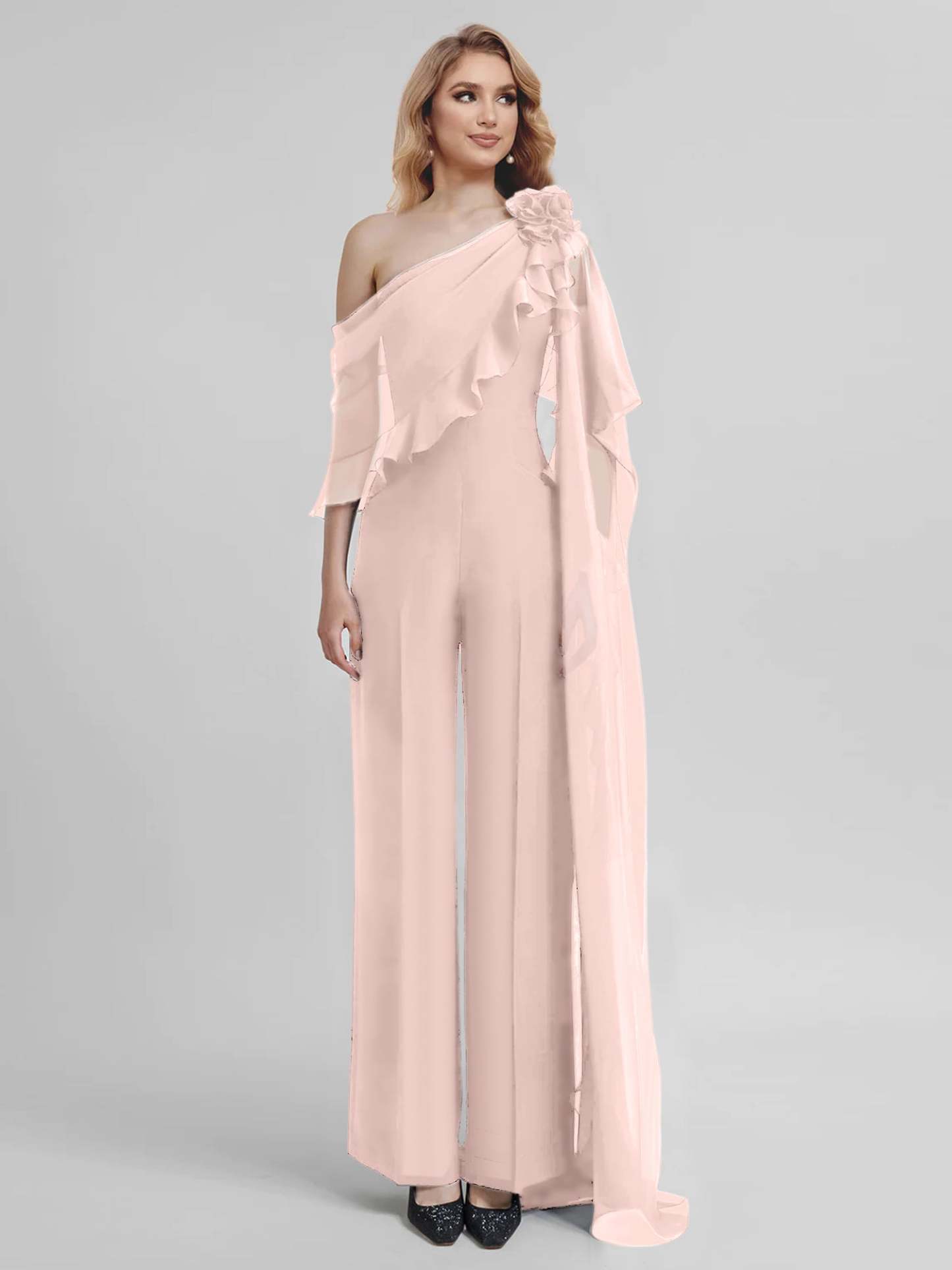 Chiffon Mother of the Bride One-Shoulder Jumpsuit with Half Sleeves