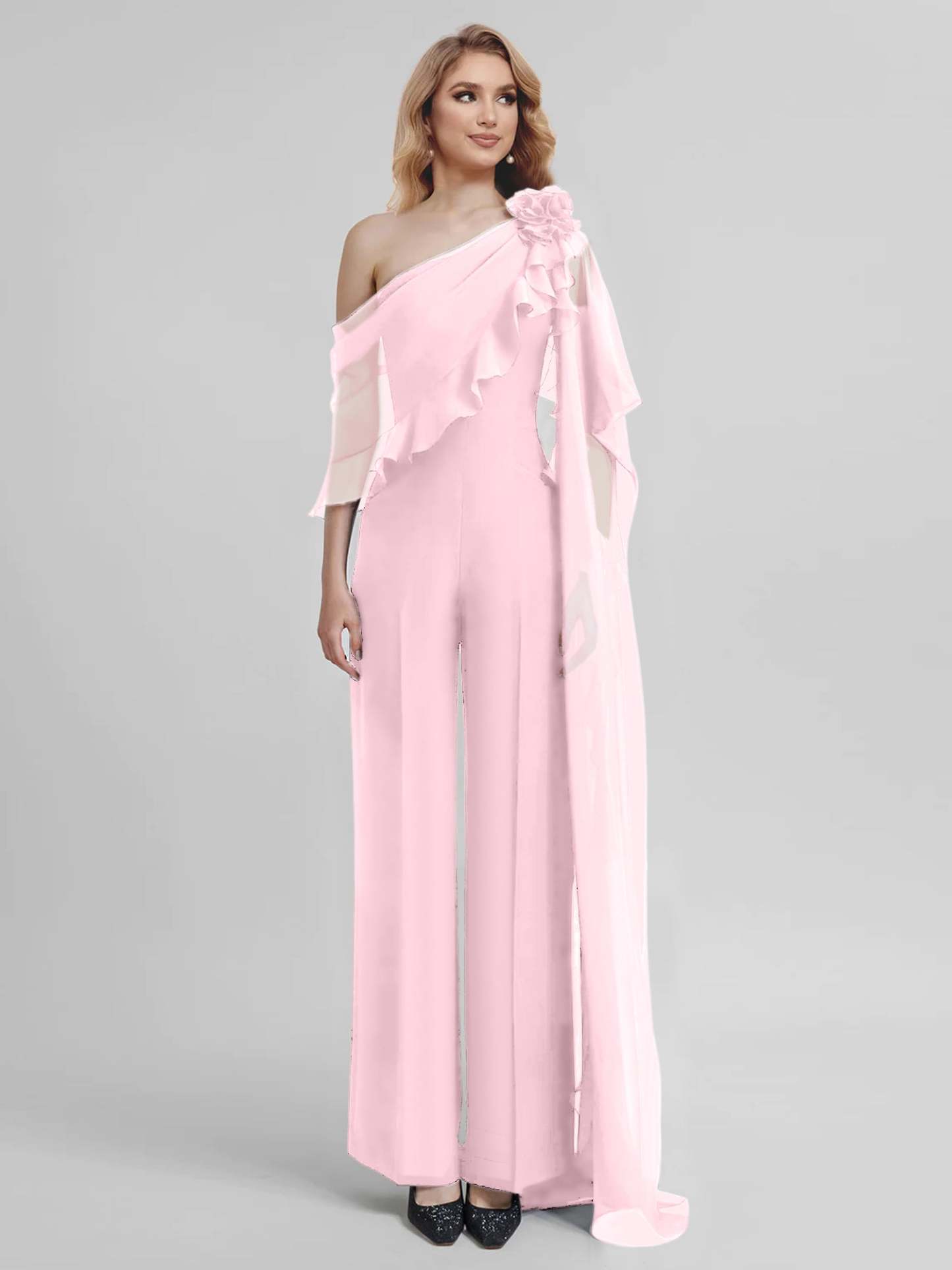 Chiffon Mother of the Bride One-Shoulder Jumpsuit with Half Sleeves