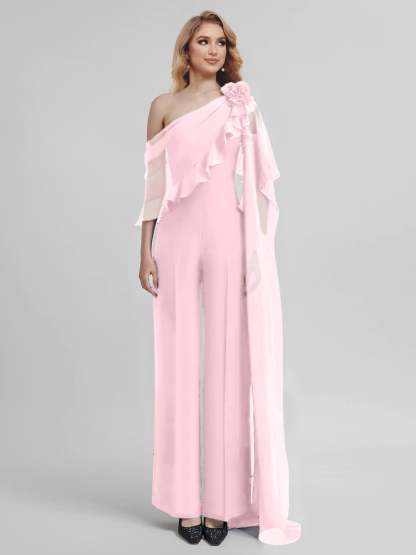 Chiffon Mother of the Bride One-Shoulder Jumpsuit with Half Sleeves