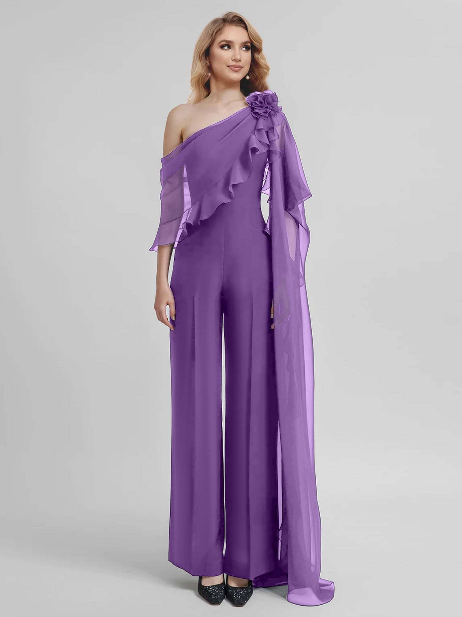 Chiffon Mother of the Bride One-Shoulder Jumpsuit with Half Sleeves