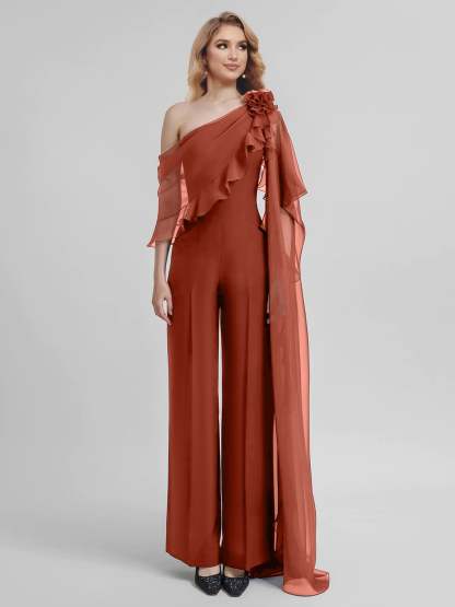 Chiffon Mother of the Bride One-Shoulder Jumpsuit with Half Sleeves