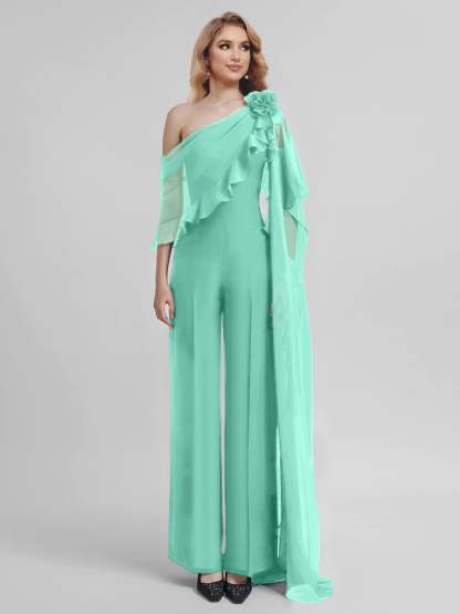Chiffon Mother of the Bride One-Shoulder Jumpsuit with Half Sleeves