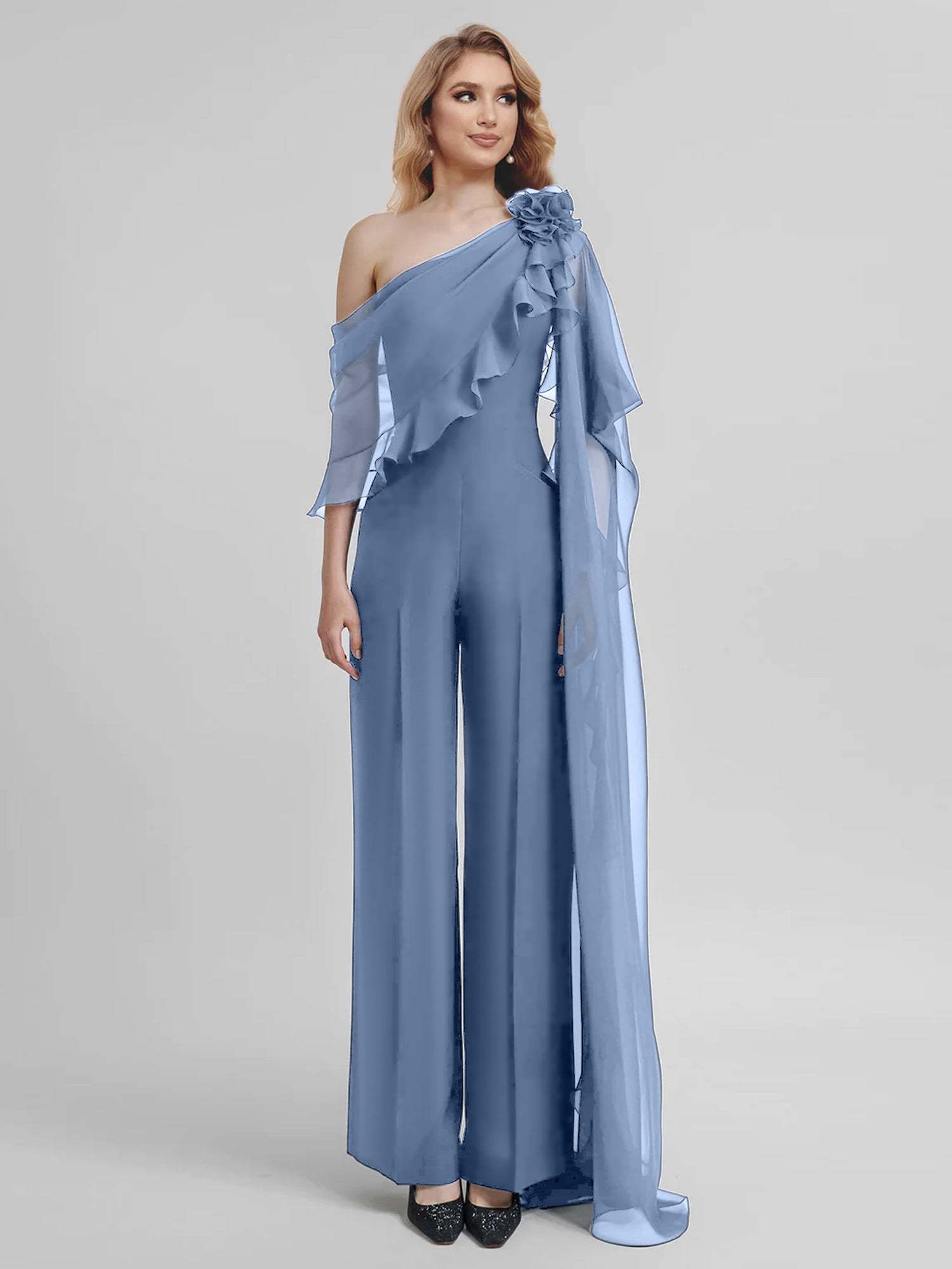 Chiffon Mother of the Bride One-Shoulder Jumpsuit with Half Sleeves