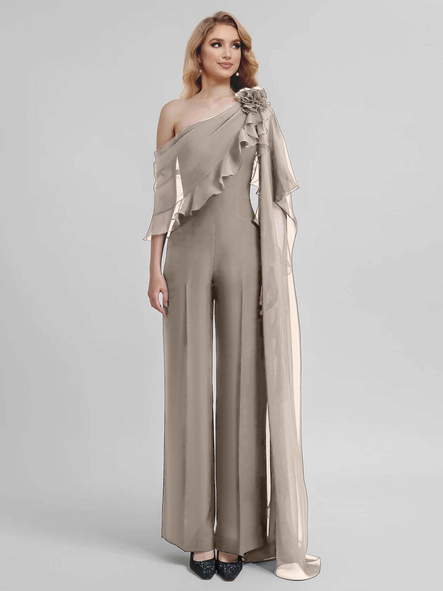 Chiffon Mother of the Bride One-Shoulder Jumpsuit with Half Sleeves