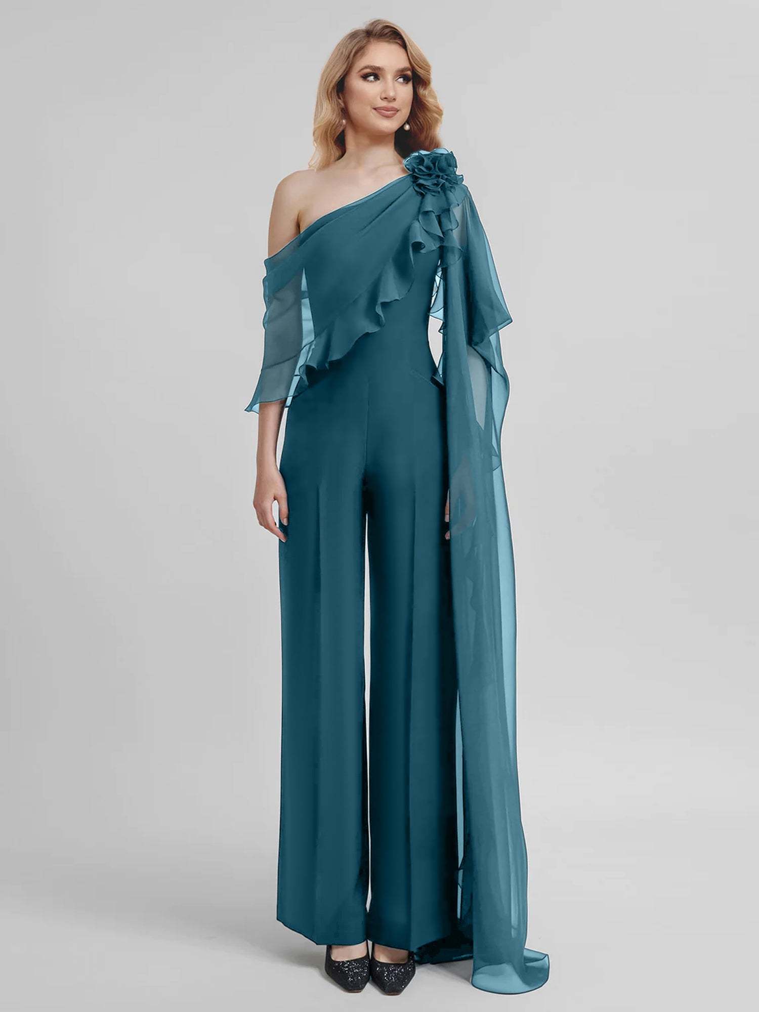 Chiffon Mother of the Bride One-Shoulder Jumpsuit with Half Sleeves