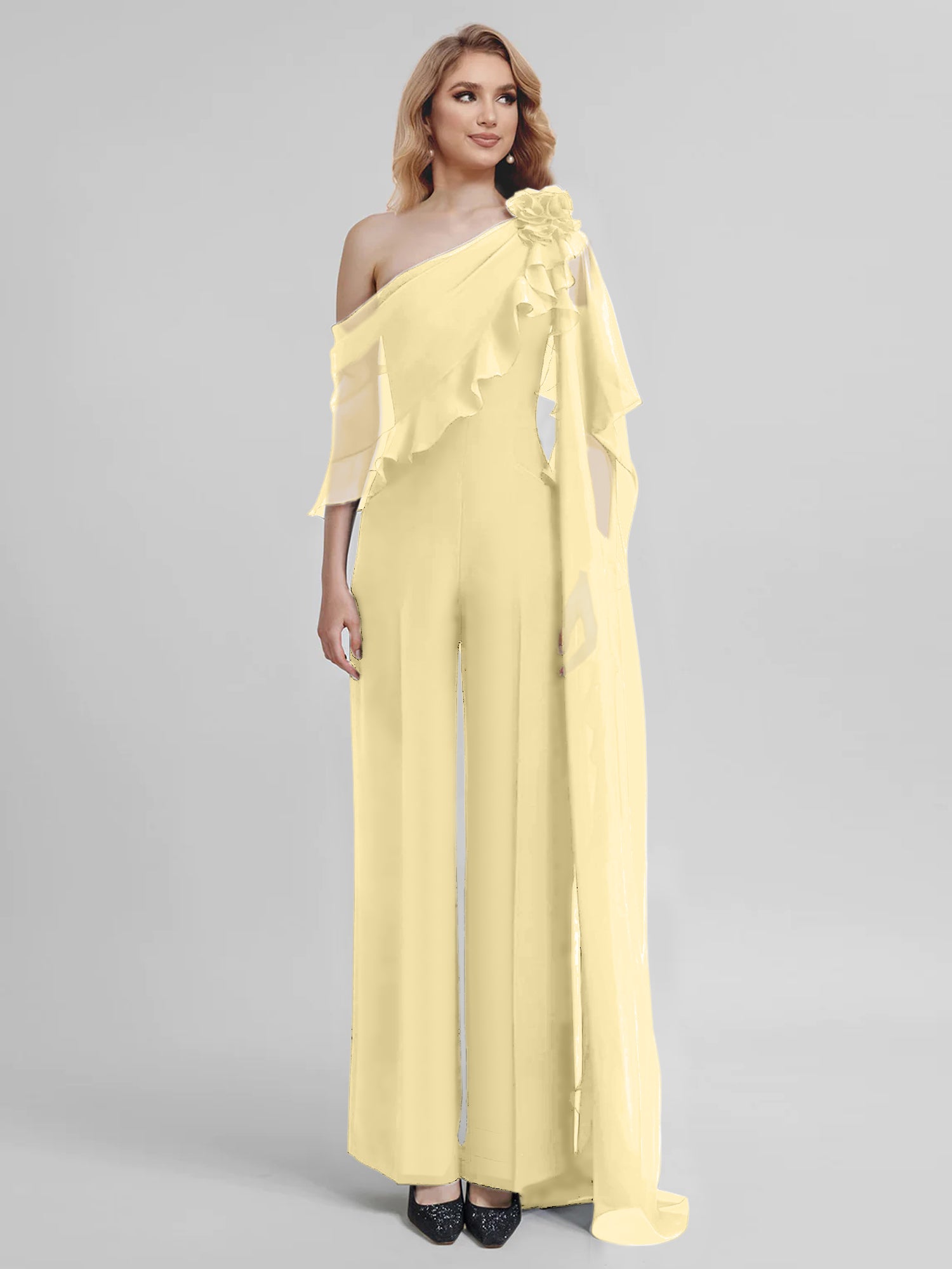 Chiffon Mother of the Bride One-Shoulder Jumpsuit with Half Sleeves