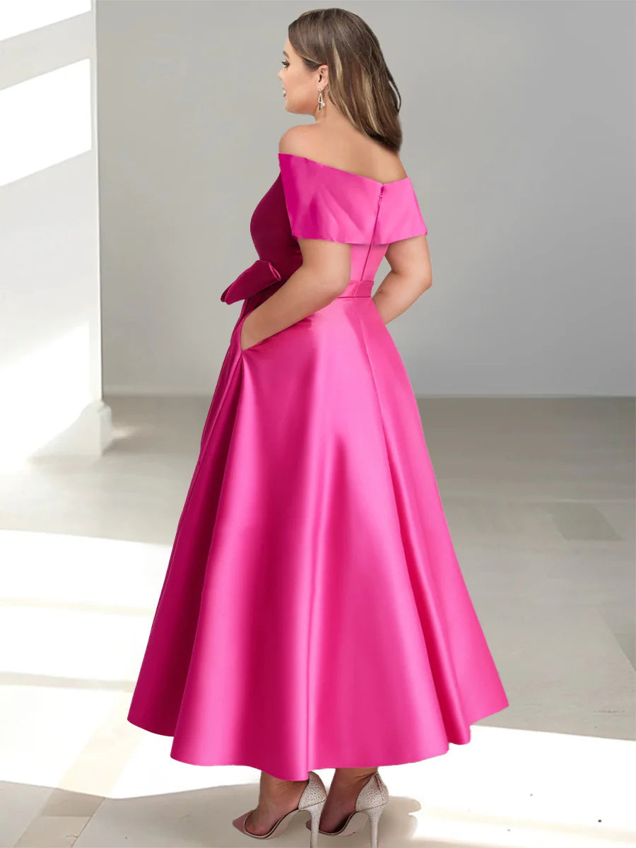 Plus Size Off-the-Shoulder Sleeveless A-Line/Princess Mother of the Bride Ankle-Length Dress with Pockets-BMbridal.UK