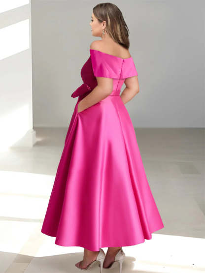 Plus Size Off-the-Shoulder Sleeveless A-Line/Princess Mother of the Bride Ankle-Length Dress with Pockets-BMbridal.UK