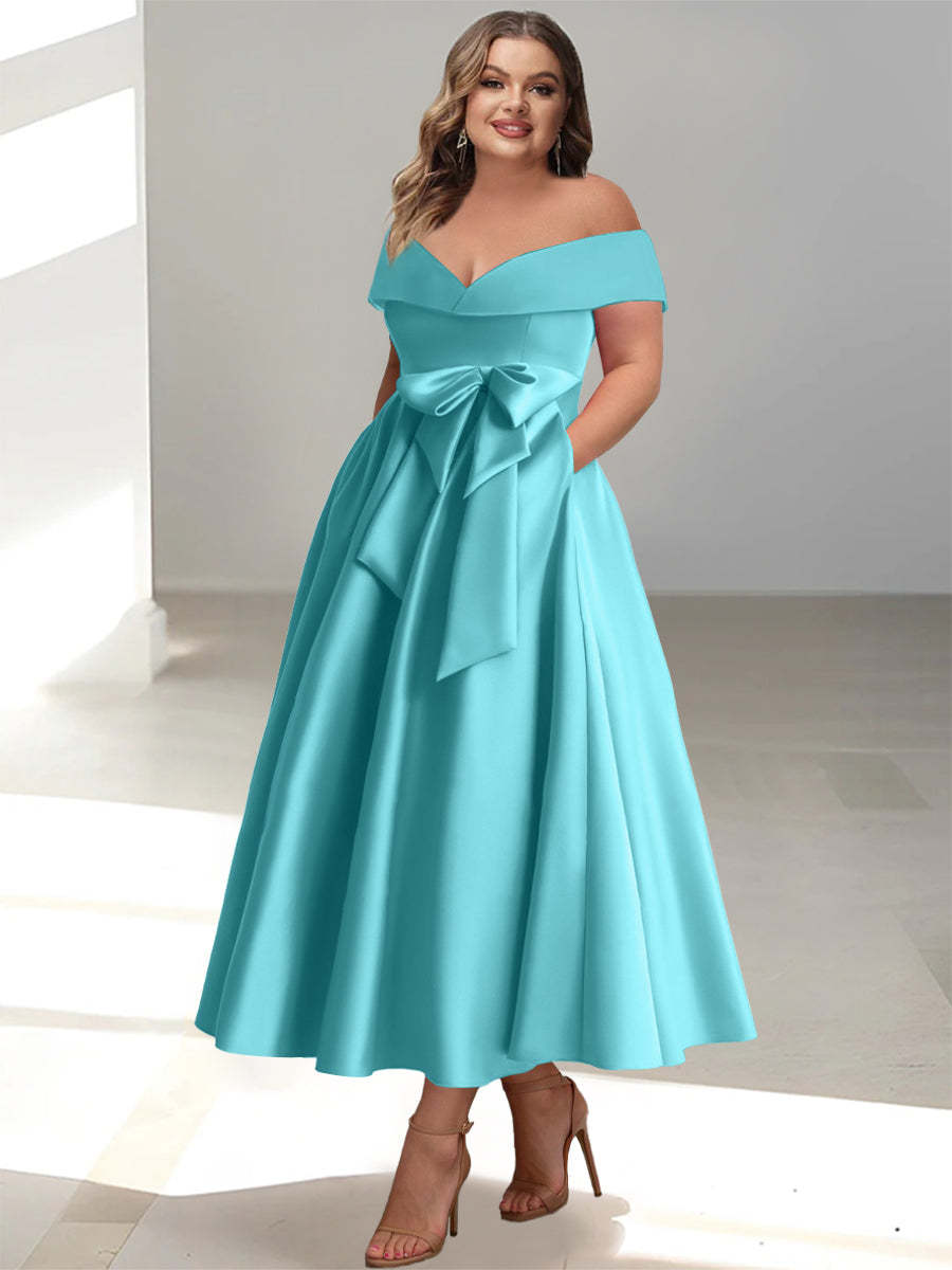 Plus Size Off-the-Shoulder Sleeveless A-Line/Princess Mother of the Bride Ankle-Length Dress with Pockets-BMbridal.UK