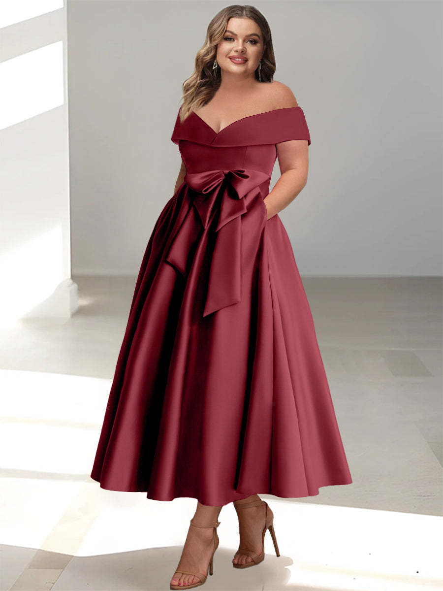Plus Size Off-the-Shoulder Sleeveless A-Line/Princess Mother of the Bride Ankle-Length Dress with Pockets-BMbridal.UK