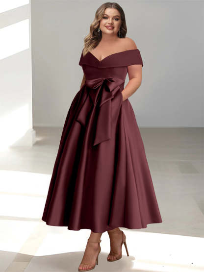 Plus Size Off-the-Shoulder Sleeveless A-Line/Princess Mother of the Bride Ankle-Length Dress with Pockets-BMbridal.UK