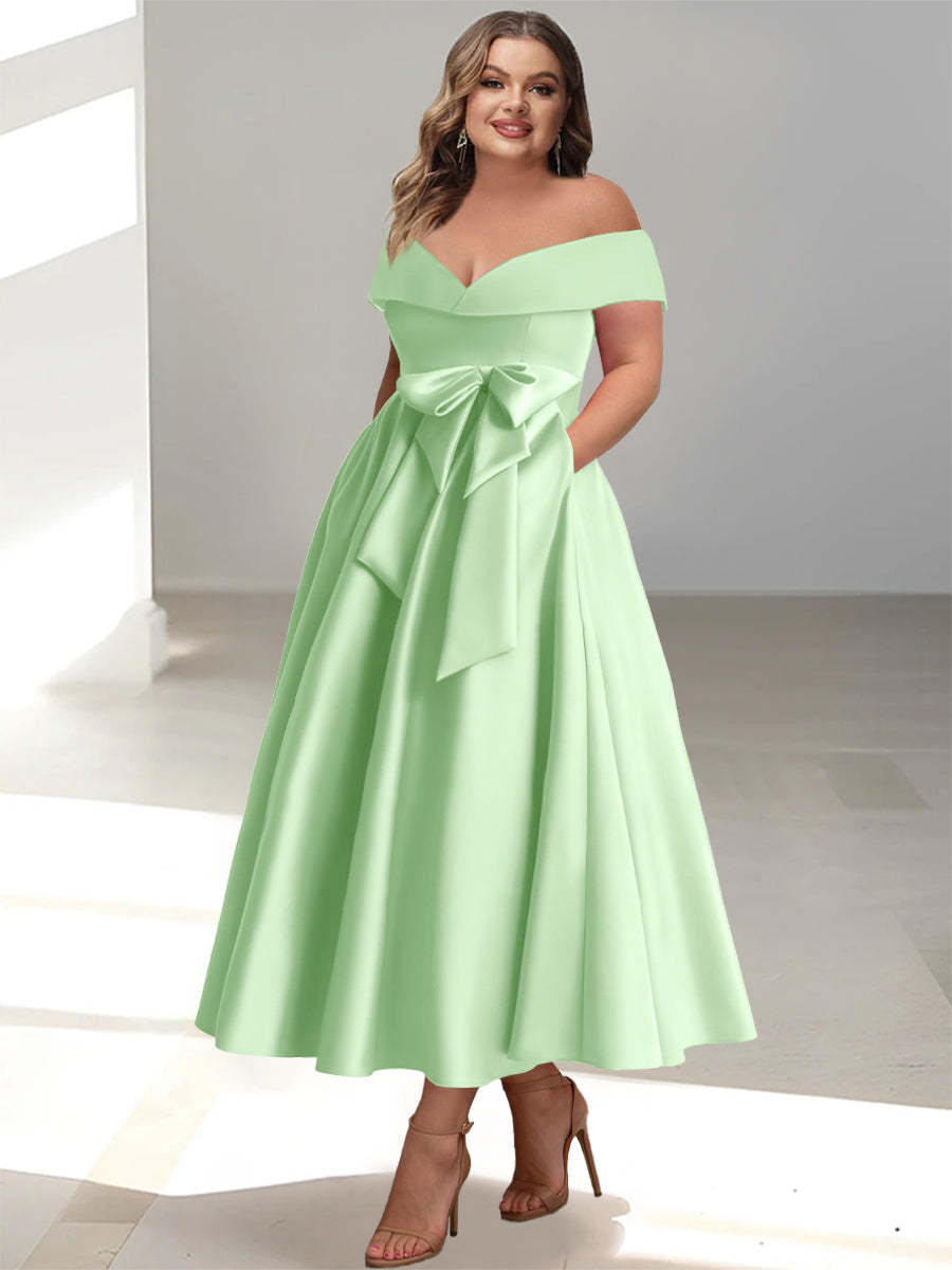 Plus Size Off-the-Shoulder Sleeveless A-Line/Princess Mother of the Bride Ankle-Length Dress with Pockets-BMbridal.UK