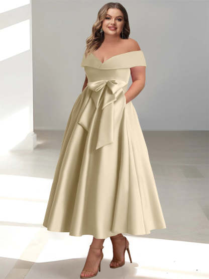 Plus Size Off-the-Shoulder Sleeveless A-Line/Princess Mother of the Bride Ankle-Length Dress with Pockets-BMbridal.UK