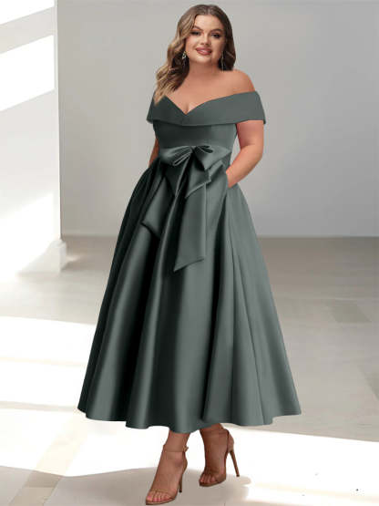 Plus Size Off-the-Shoulder Sleeveless A-Line/Princess Mother of the Bride Ankle-Length Dress with Pockets-BMbridal.UK