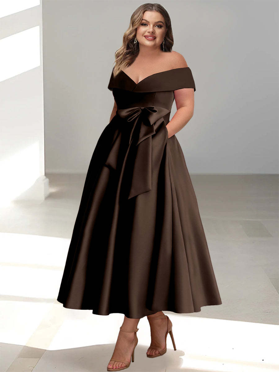 Plus Size Off-the-Shoulder Sleeveless A-Line/Princess Mother of the Bride Ankle-Length Dress with Pockets-BMbridal.UK