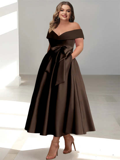 Plus Size Off-the-Shoulder Sleeveless A-Line/Princess Mother of the Bride Ankle-Length Dress with Pockets-BMbridal.UK