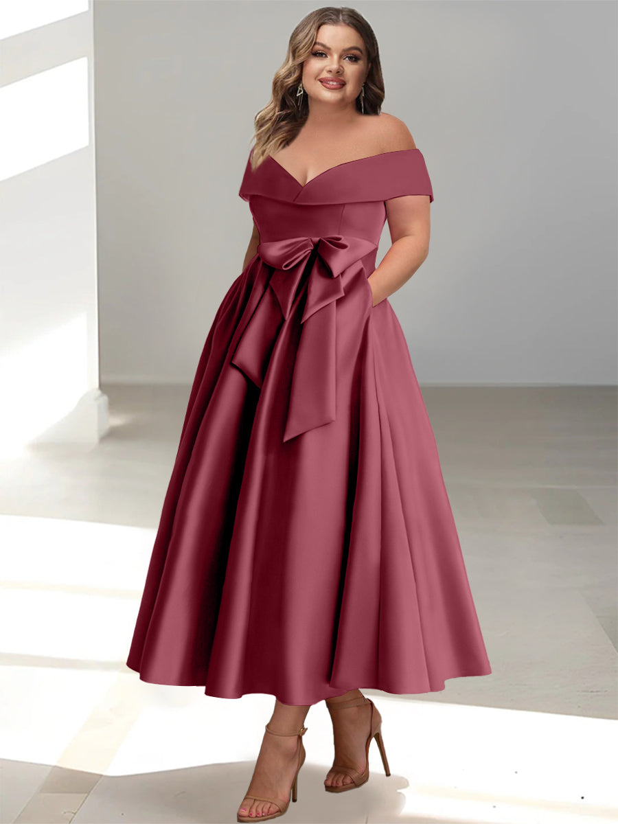 Plus Size Off-the-Shoulder Sleeveless A-Line/Princess Mother of the Bride Ankle-Length Dress with Pockets-BMbridal.UK