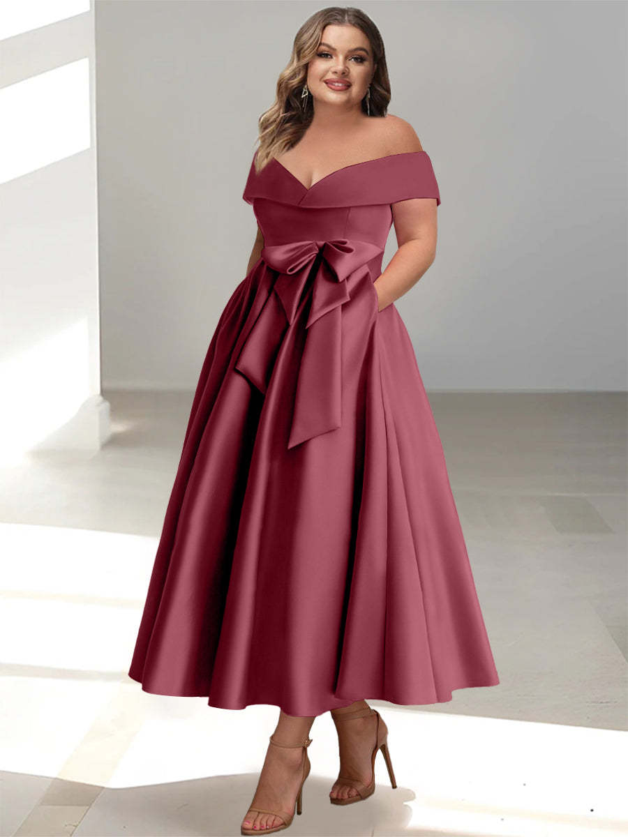Plus Size Off-the-Shoulder Sleeveless A-Line/Princess Mother of the Bride Ankle-Length Dress with Pockets-BMbridal.UK