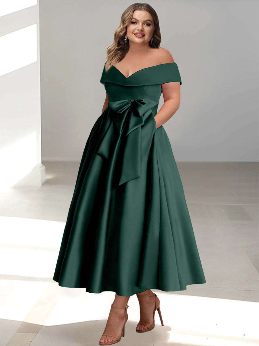 Plus Size Off-the-Shoulder Sleeveless A-Line/Princess Mother of the Bride Ankle-Length Dress with Pockets-BMbridal.UK