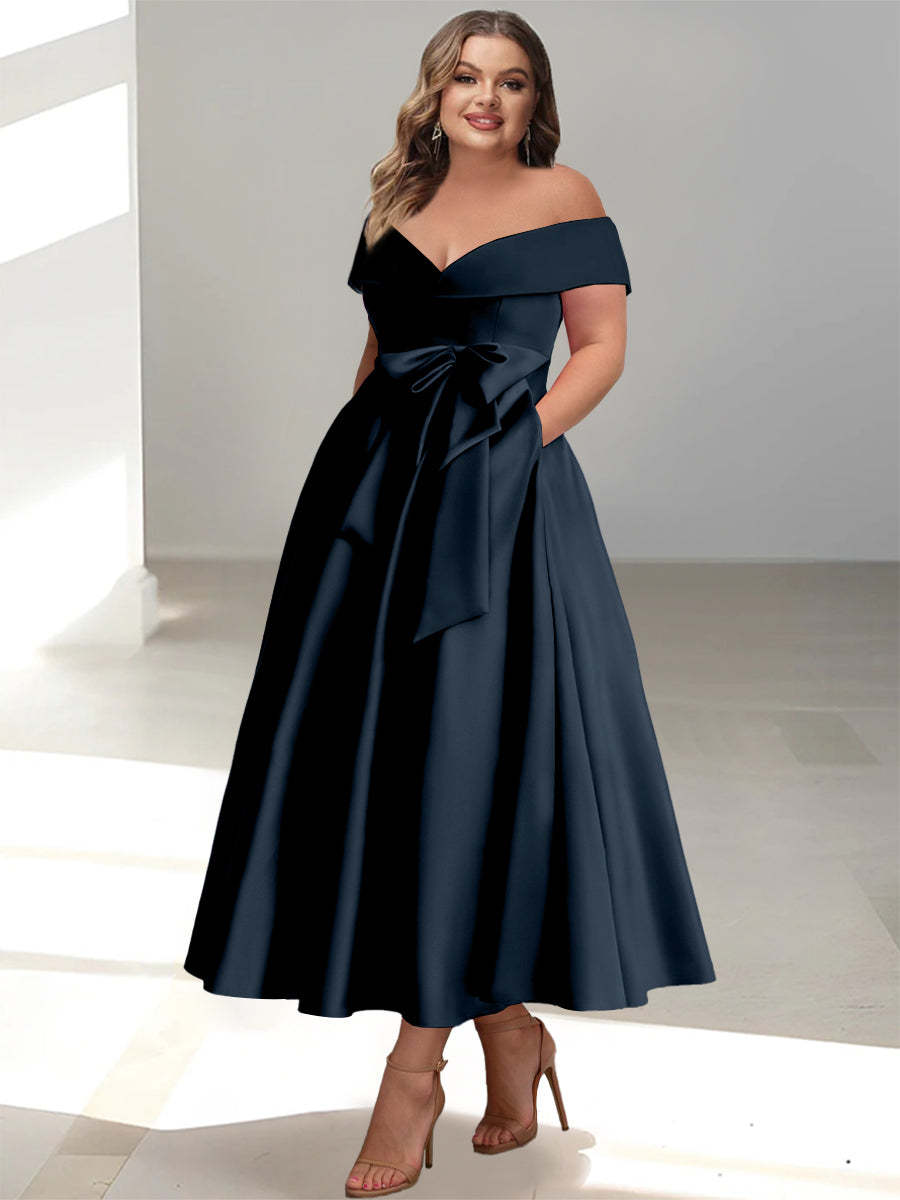 Plus Size Off-the-Shoulder Sleeveless A-Line/Princess Mother of the Bride Ankle-Length Dress with Pockets-BMbridal.UK