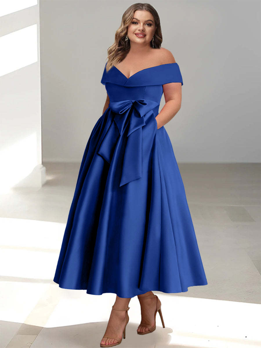 Plus Size Off-the-Shoulder Sleeveless A-Line/Princess Mother of the Bride Ankle-Length Dress with Pockets-BMbridal.UK