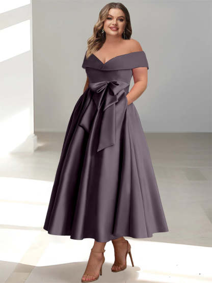 Plus Size Off-the-Shoulder Sleeveless A-Line/Princess Mother of the Bride Ankle-Length Dress with Pockets-BMbridal.UK