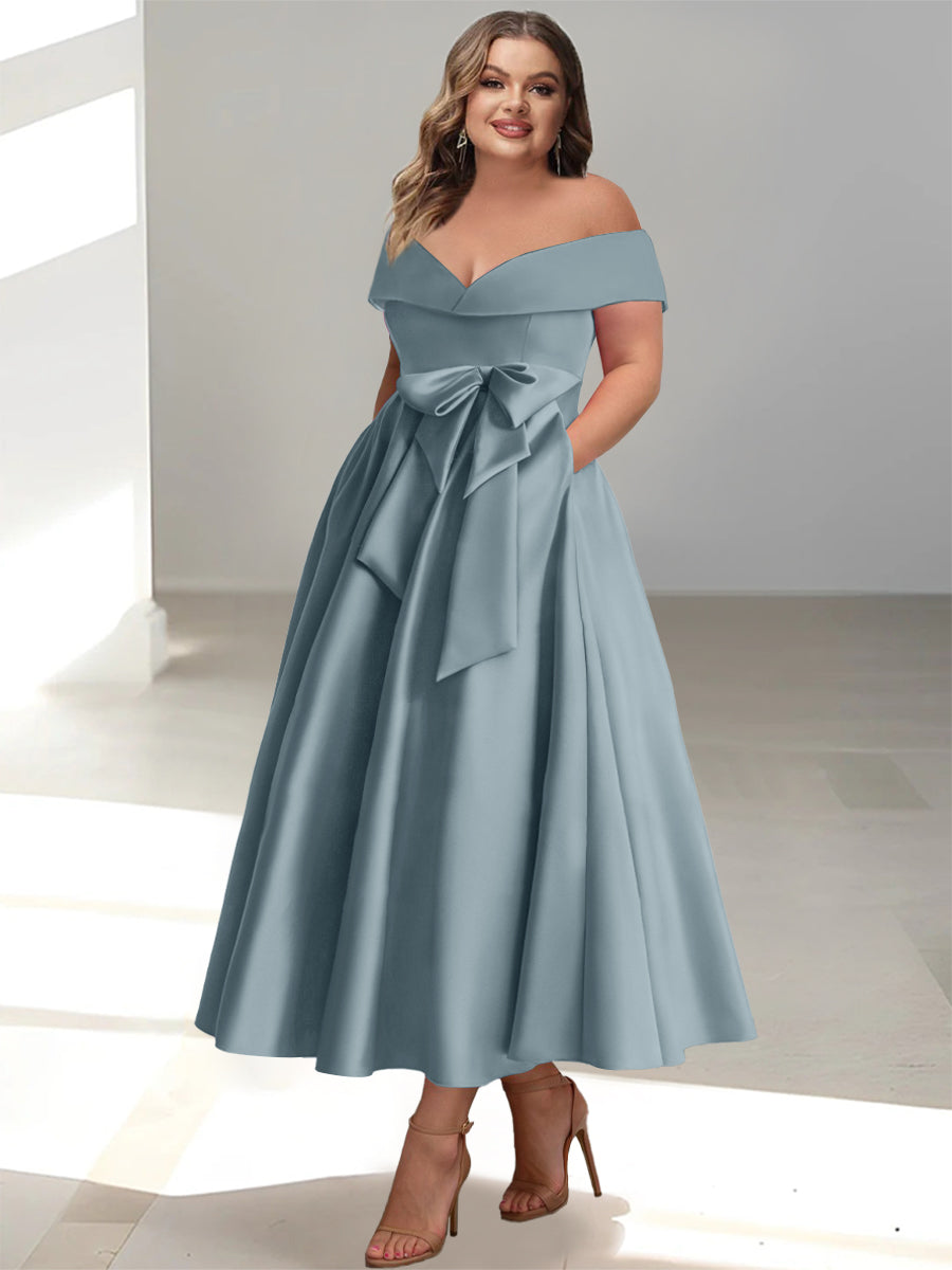 Plus Size Off-the-Shoulder Sleeveless A-Line/Princess Mother of the Bride Ankle-Length Dress with Pockets-BMbridal.UK