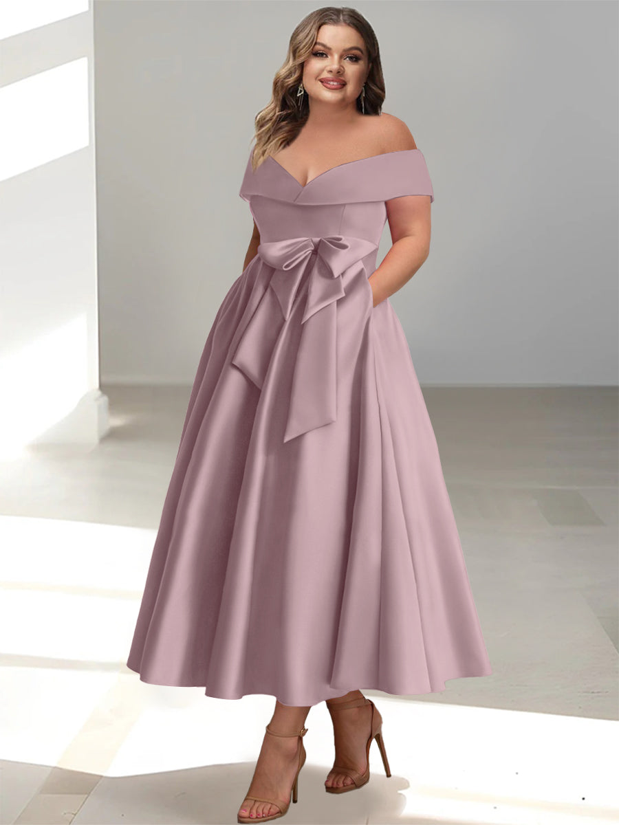 Plus Size Off-the-Shoulder Sleeveless A-Line/Princess Mother of the Bride Ankle-Length Dress with Pockets-BMbridal.UK