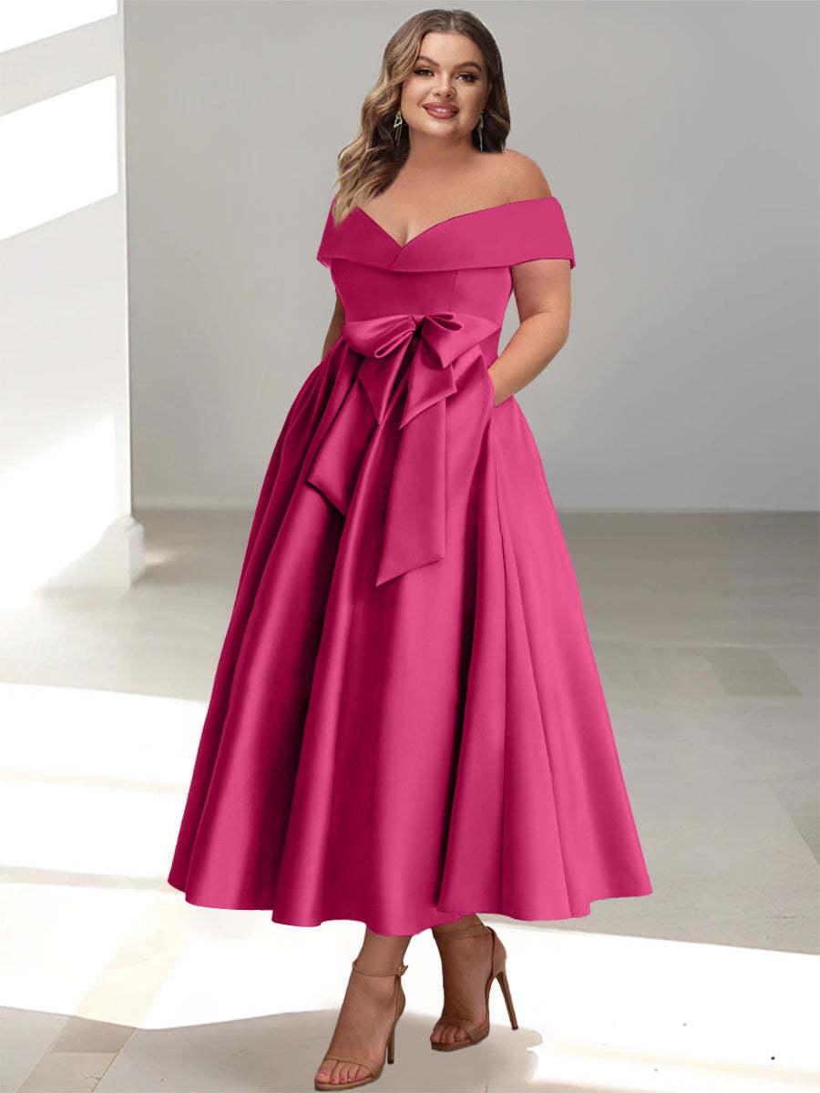Plus Size Off-the-Shoulder Sleeveless A-Line/Princess Mother of the Bride Ankle-Length Dress with Pockets-BMbridal.UK