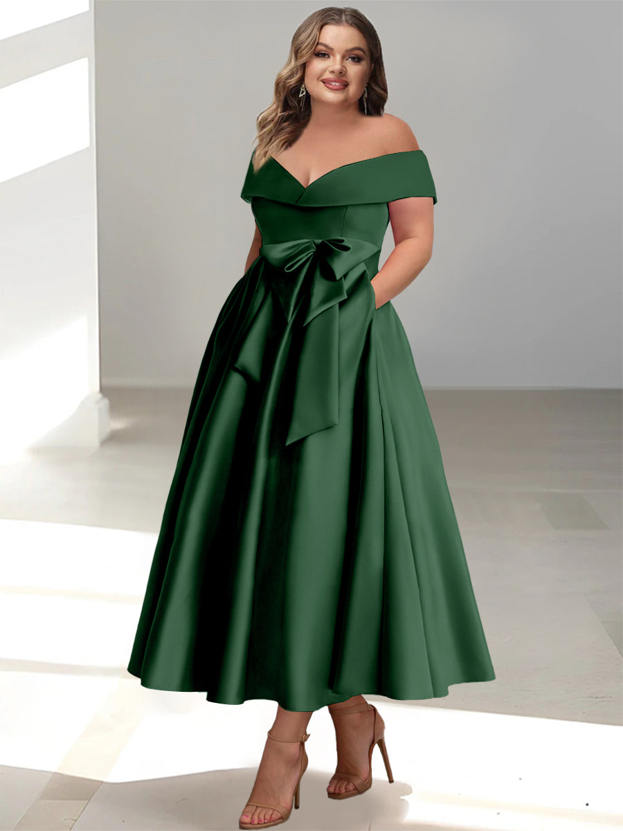 Plus Size Off-the-Shoulder Sleeveless A-Line/Princess Mother of the Bride Ankle-Length Dress with Pockets-BMbridal.UK
