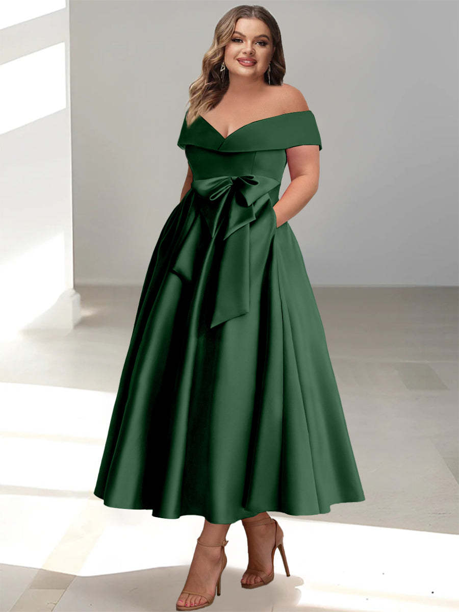Plus Size Off-the-Shoulder Sleeveless A-Line/Princess Mother of the Bride Ankle-Length Dress with Pockets-BMbridal.UK