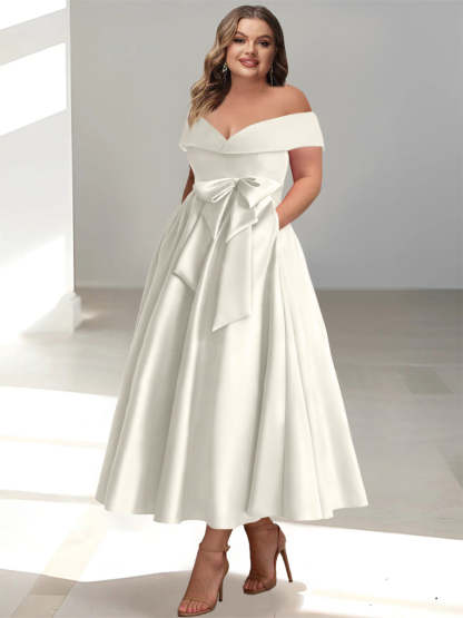 Plus Size Off-the-Shoulder Sleeveless A-Line/Princess Mother of the Bride Ankle-Length Dress with Pockets-BMbridal.UK