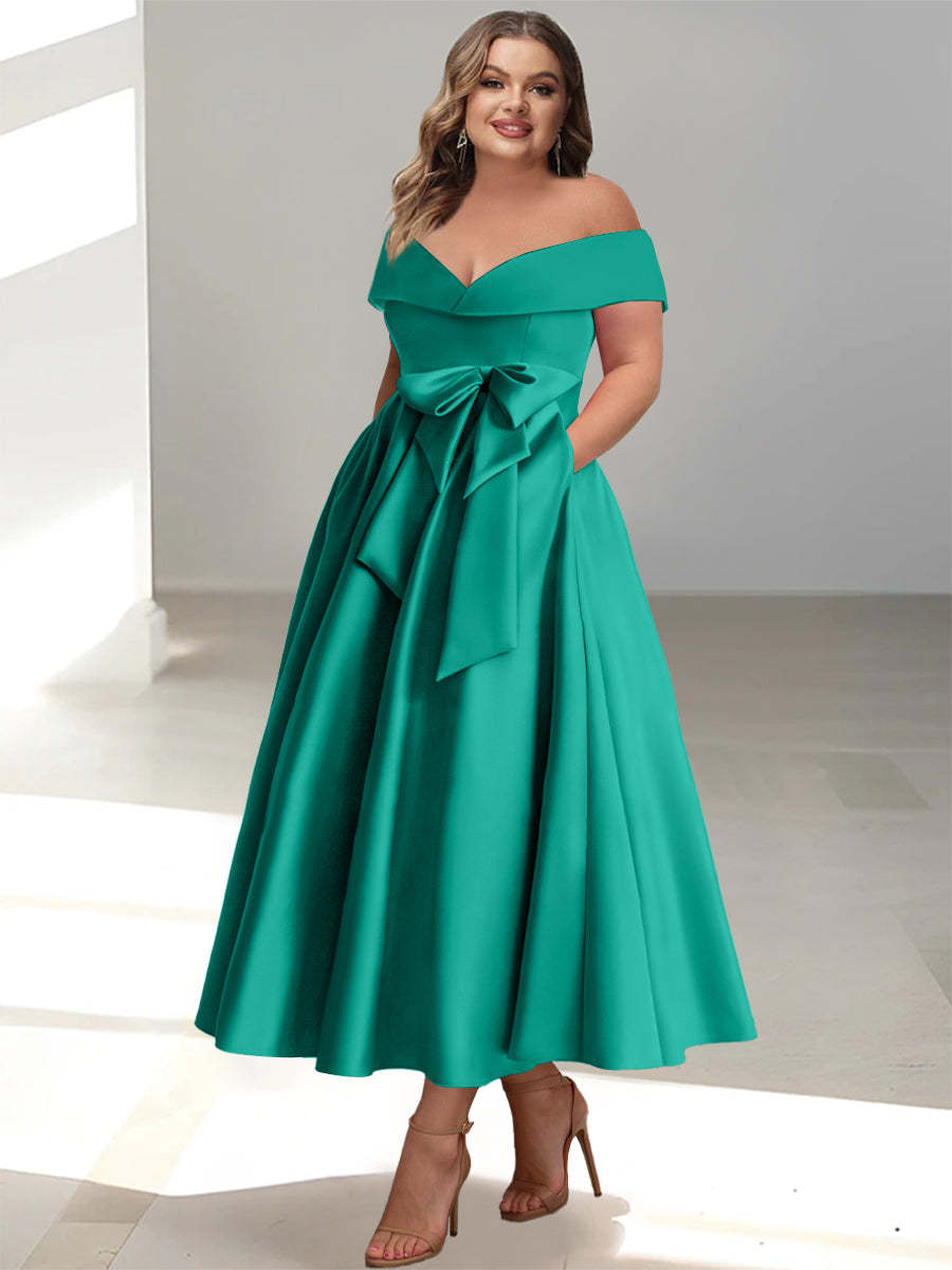 Plus Size Off-the-Shoulder Sleeveless A-Line/Princess Mother of the Bride Ankle-Length Dress with Pockets-BMbridal.UK