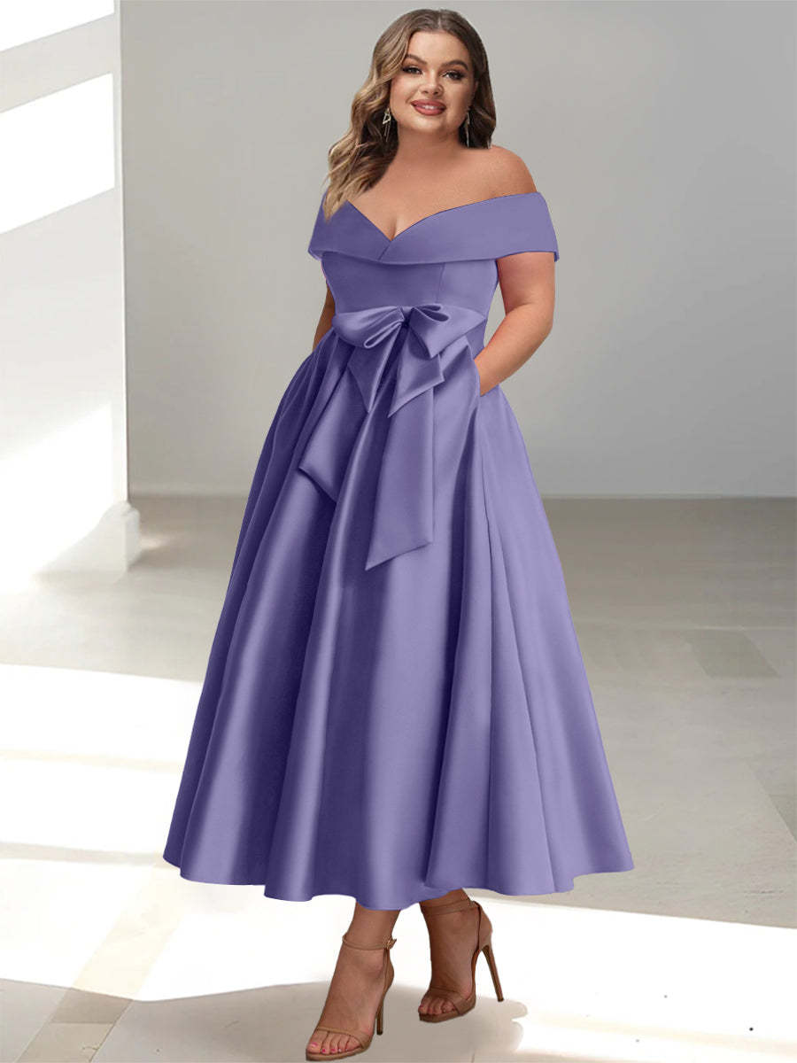 Plus Size Off-the-Shoulder Sleeveless A-Line/Princess Mother of the Bride Ankle-Length Dress with Pockets-BMbridal.UK