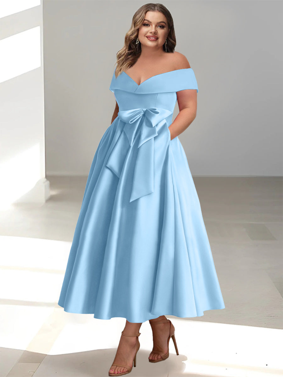 Plus Size Off-the-Shoulder Sleeveless A-Line/Princess Mother of the Bride Ankle-Length Dress with Pockets-BMbridal.UK