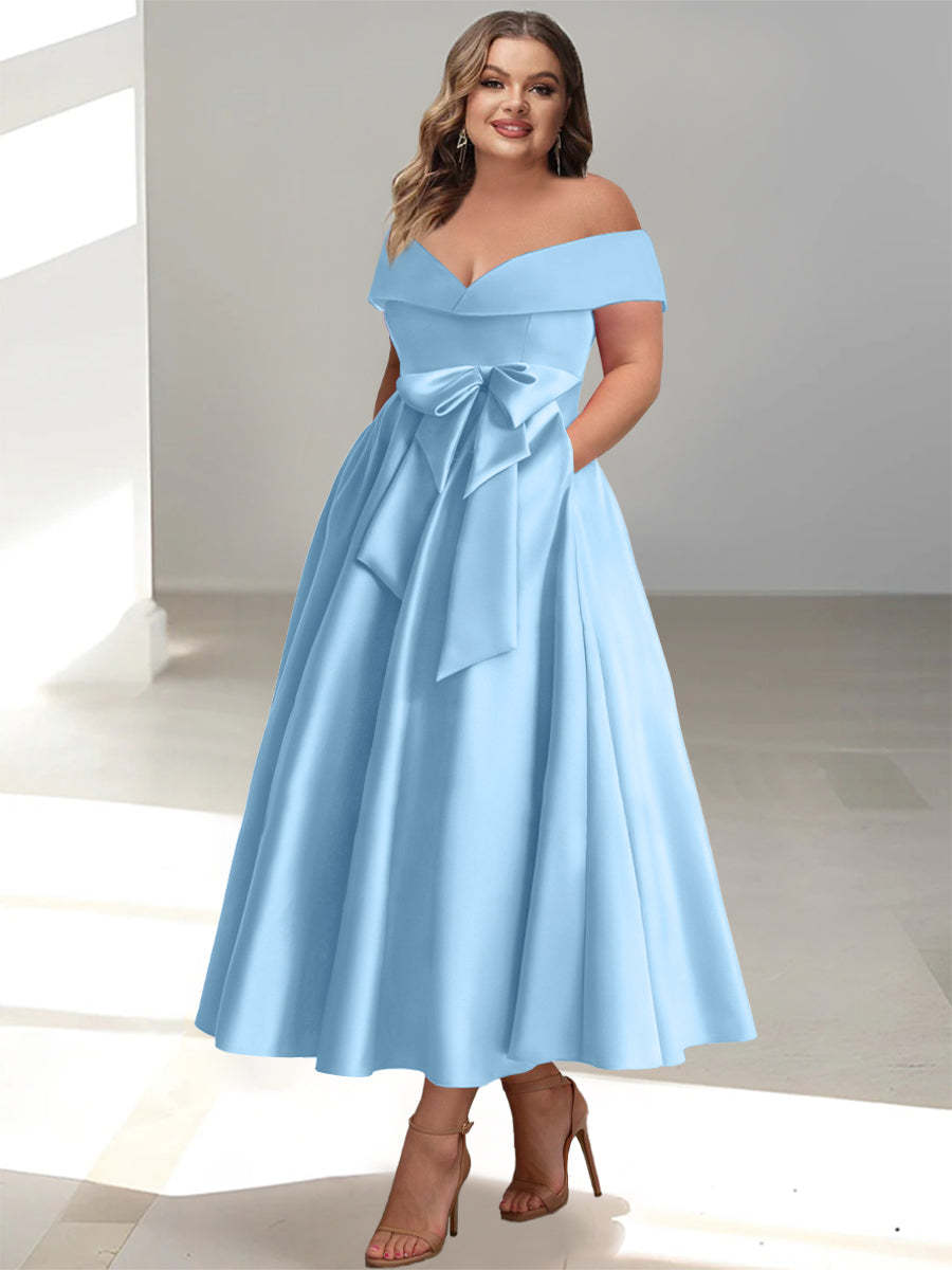 Plus Size Off-the-Shoulder Sleeveless A-Line/Princess Mother of the Bride Ankle-Length Dress with Pockets-BMbridal.UK