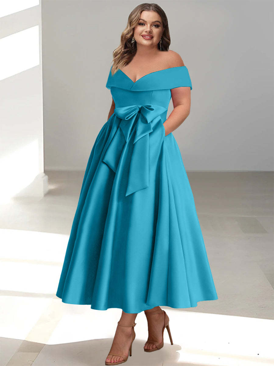 Plus Size Off-the-Shoulder Sleeveless A-Line/Princess Mother of the Bride Ankle-Length Dress with Pockets-BMbridal.UK