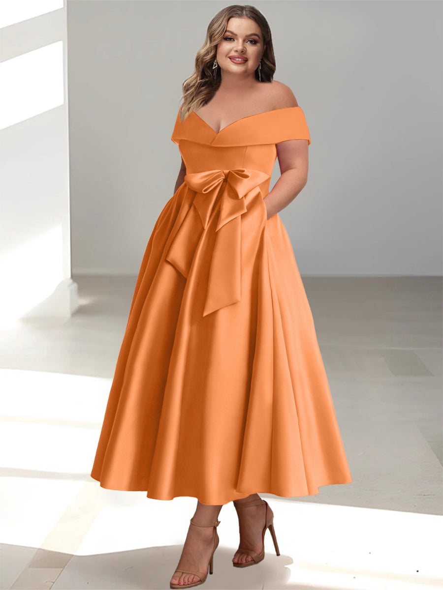 Plus Size Off-the-Shoulder Sleeveless A-Line/Princess Mother of the Bride Ankle-Length Dress with Pockets-BMbridal.UK