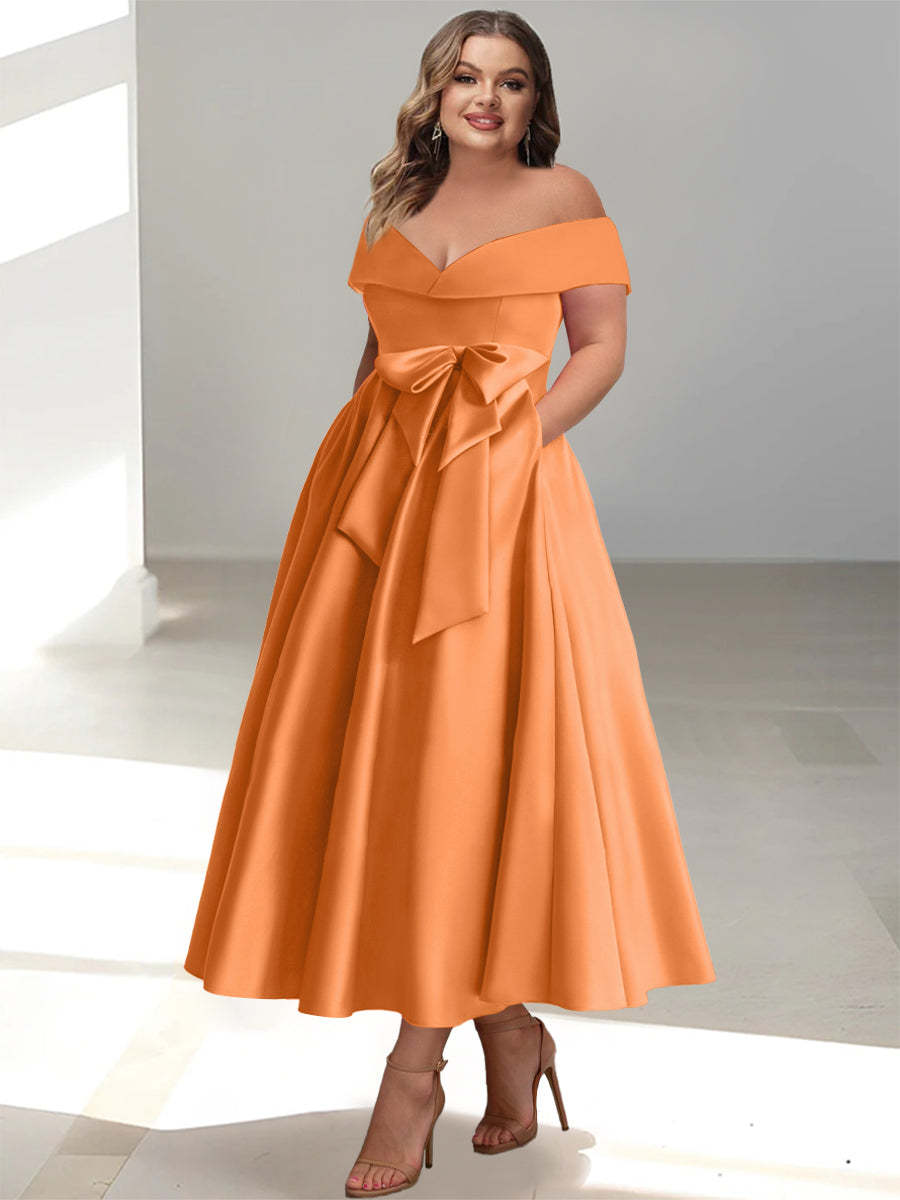 Plus Size Off-the-Shoulder Sleeveless A-Line/Princess Mother of the Bride Ankle-Length Dress with Pockets-BMbridal.UK