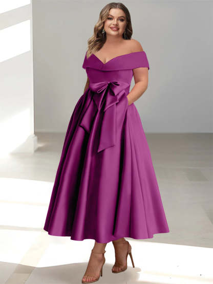 Plus Size Off-the-Shoulder Sleeveless A-Line/Princess Mother of the Bride Ankle-Length Dress with Pockets-BMbridal.UK