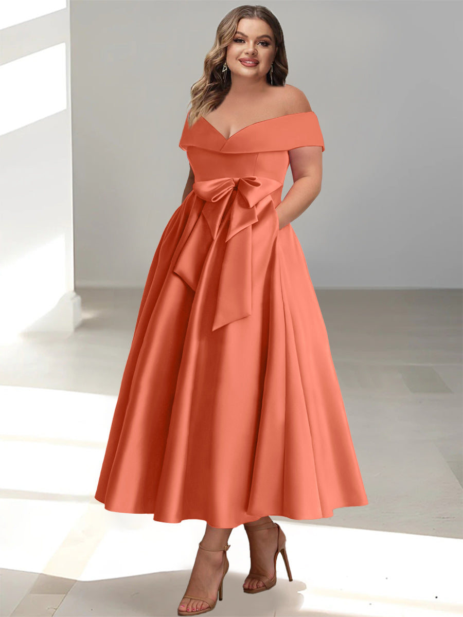 Plus Size Off-the-Shoulder Sleeveless A-Line/Princess Mother of the Bride Ankle-Length Dress with Pockets-BMbridal.UK