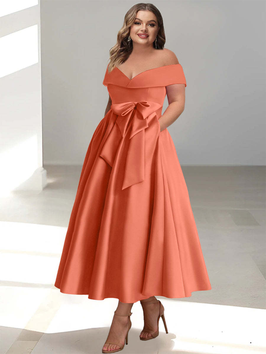 Plus Size Off-the-Shoulder Sleeveless A-Line/Princess Mother of the Bride Ankle-Length Dress with Pockets-BMbridal.UK