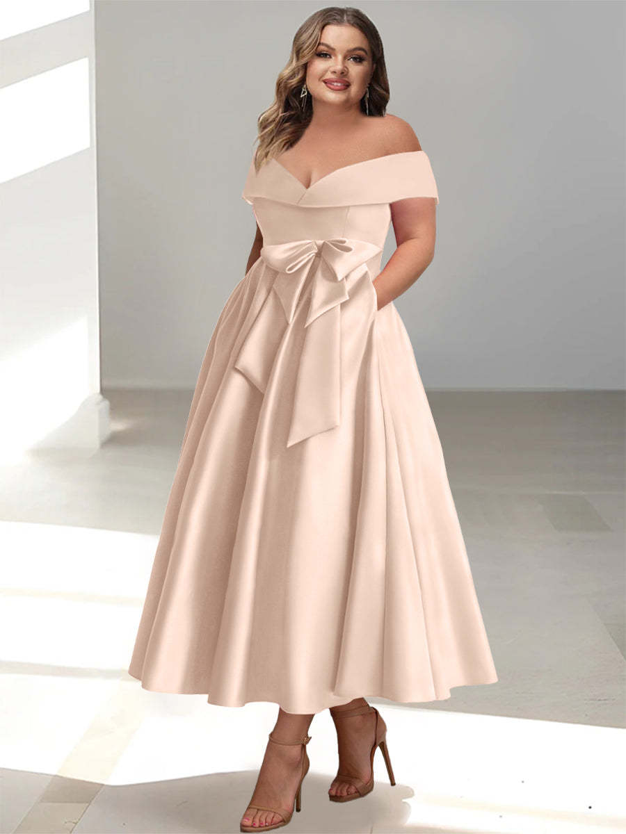 Plus Size Off-the-Shoulder Sleeveless A-Line/Princess Mother of the Bride Ankle-Length Dress with Pockets-BMbridal.UK