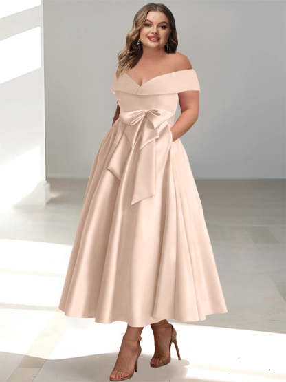 Plus Size Off-the-Shoulder Sleeveless A-Line/Princess Mother of the Bride Ankle-Length Dress with Pockets-BMbridal.UK