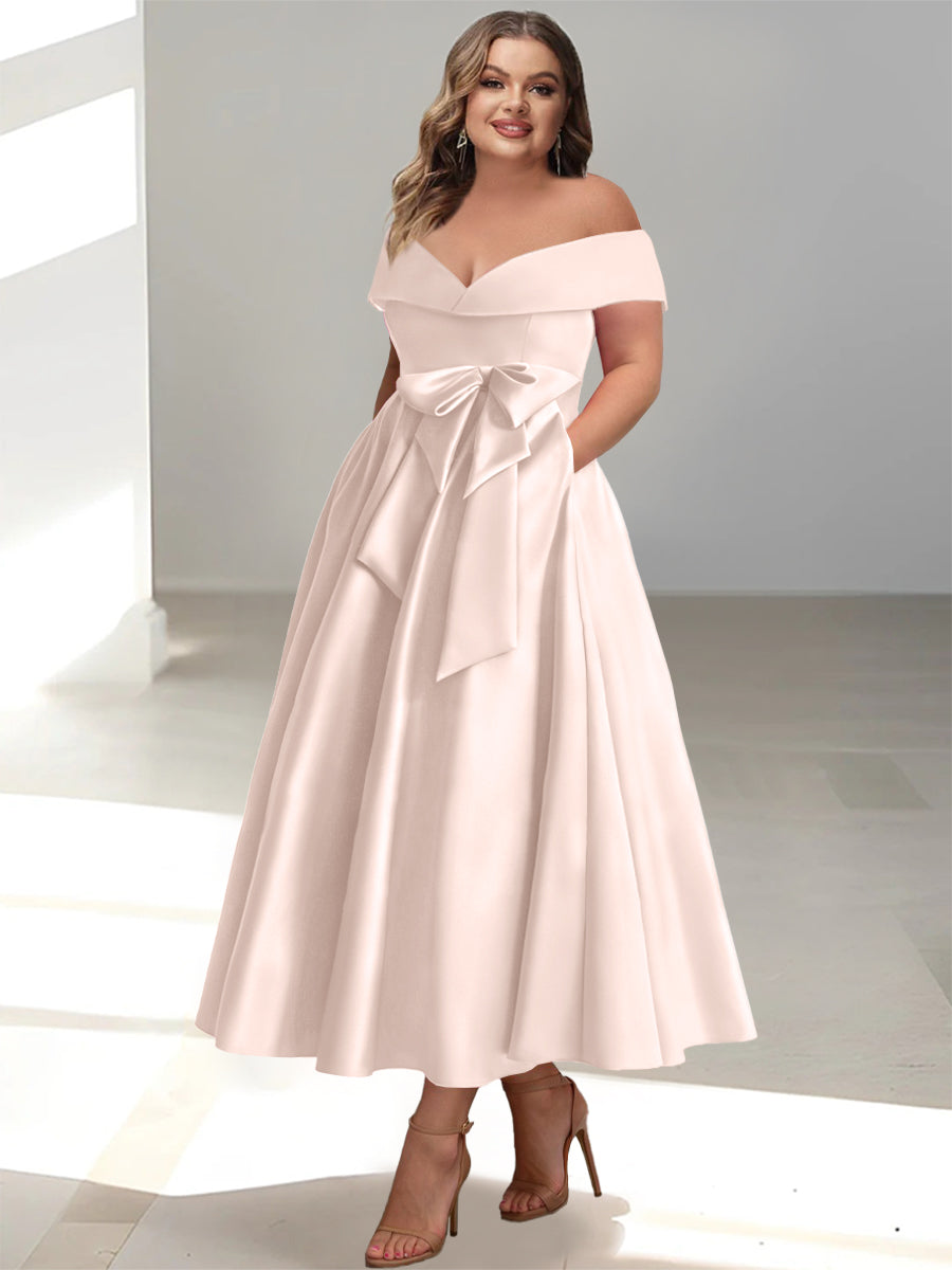 Plus Size Off-the-Shoulder Sleeveless A-Line/Princess Mother of the Bride Ankle-Length Dress with Pockets-BMbridal.UK