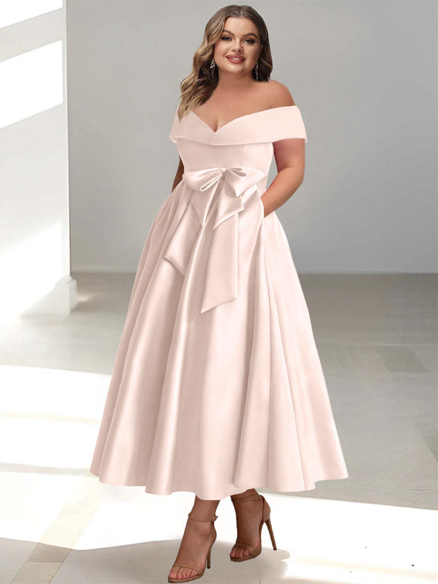Plus Size Off-the-Shoulder Sleeveless A-Line/Princess Mother of the Bride Ankle-Length Dress with Pockets-BMbridal.UK