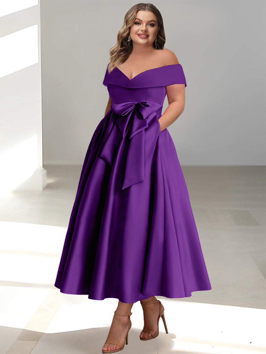Plus Size Off-the-Shoulder Sleeveless A-Line/Princess Mother of the Bride Ankle-Length Dress with Pockets-BMbridal.UK