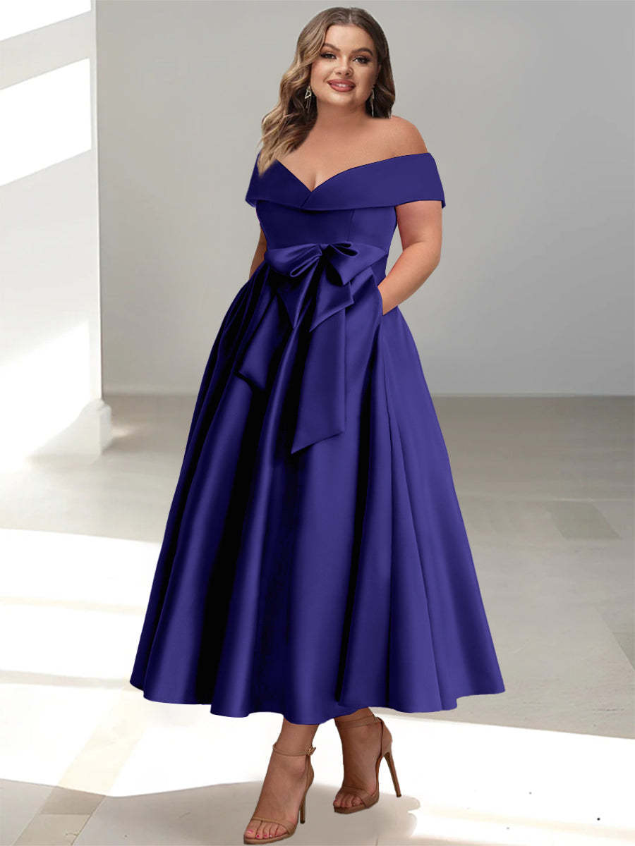 Plus Size Off-the-Shoulder Sleeveless A-Line/Princess Mother of the Bride Ankle-Length Dress with Pockets-BMbridal.UK