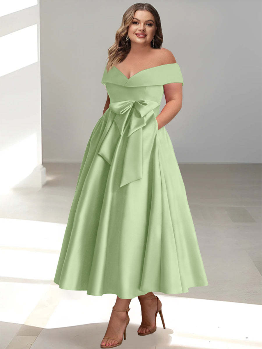 Plus Size Off-the-Shoulder Sleeveless A-Line/Princess Mother of the Bride Ankle-Length Dress with Pockets-BMbridal.UK