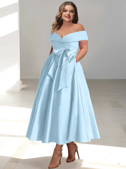 Plus Size Off-the-Shoulder Sleeveless A-Line/Princess Mother of the Bride Ankle-Length Dress with Pockets-BMbridal.UK